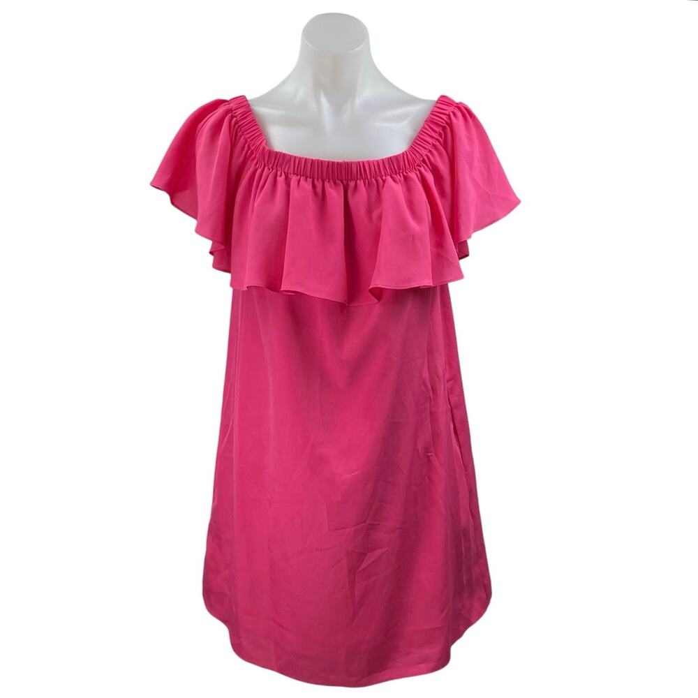 Likely Women's Pink Ruffle Off the Shoulder Mini Casual Shift Dress Size L